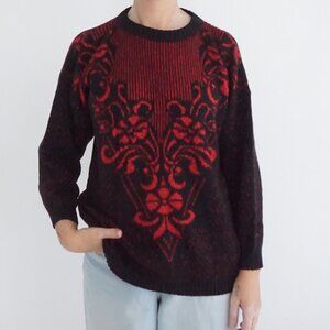 Vintage Ellen D Black Red Baroque Scroll Knit Crewneck Sweater Gothic Glam M